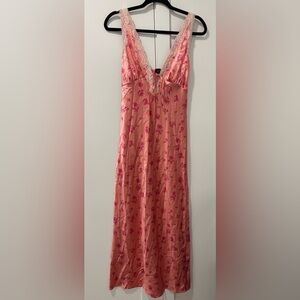 NWT Pink Satin Lace Floral Maxi Dress